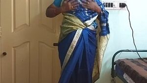 des indian naughty hotwife tamil telugu kannada malayalam hindi wife vanitha wearing blue colour saree  showcasing massive titties and smooth-shaven cunt press rock-hard titties press nip rubbing cunt onanism